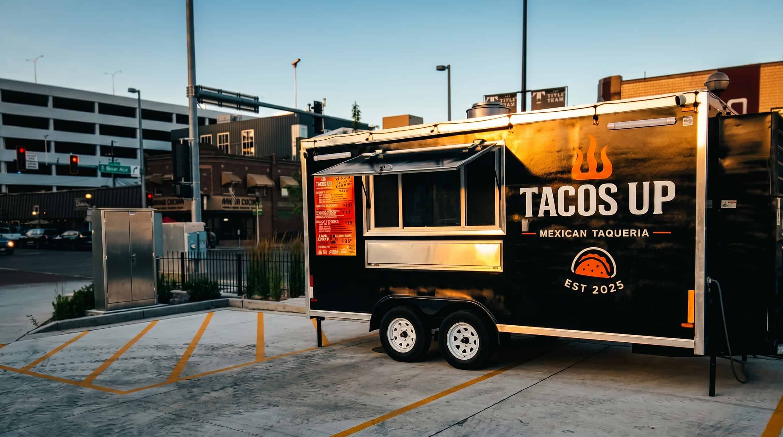 Tacos Up food truck at night