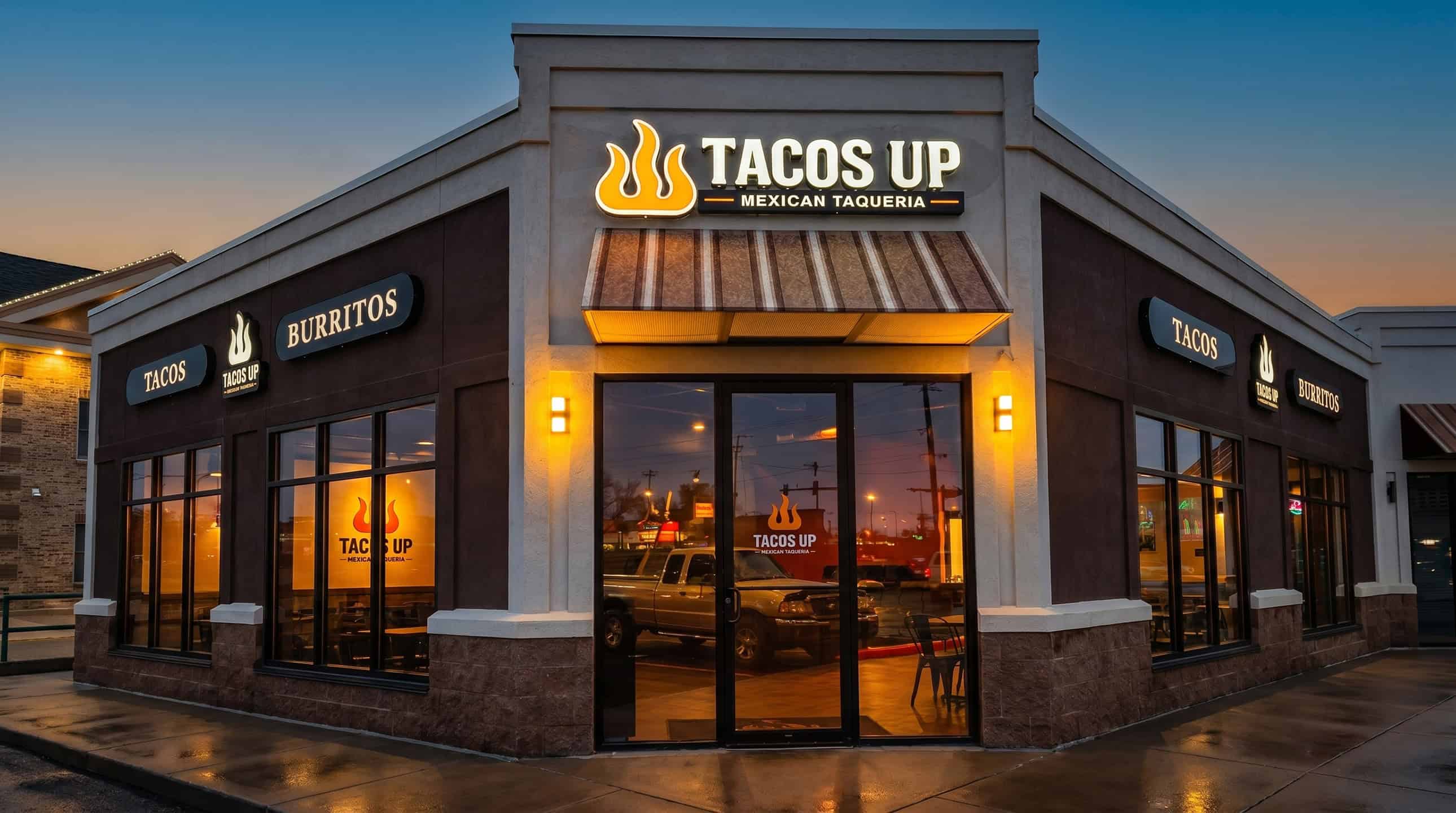 Tacos Up storefront at dusk
